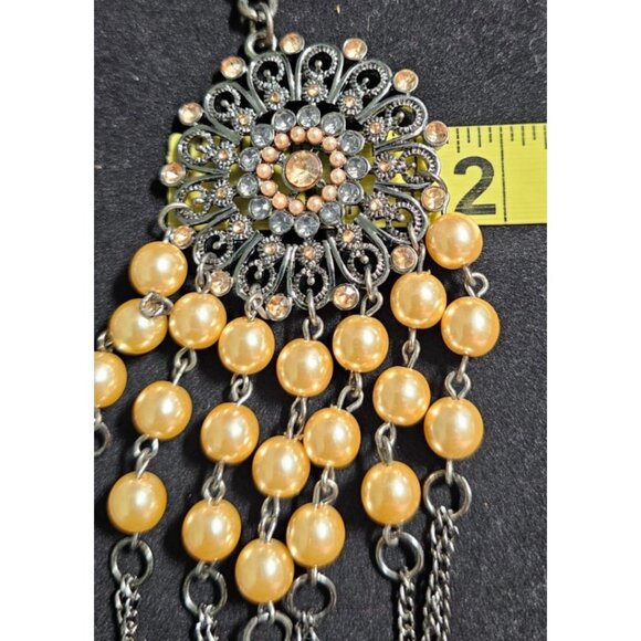 Statement Multi-Strand Necklace Silver Tone Faux Pearl Fringe Boho Style - Picture 6 of 6